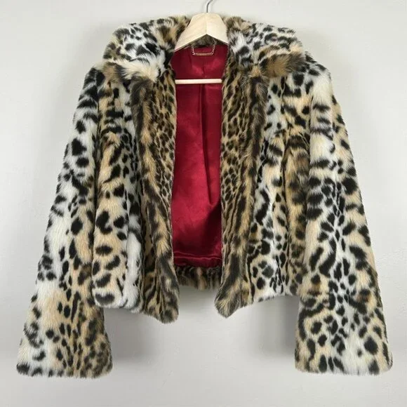 Express Coat Women S Y2K Vintage Leopard Faux Fur Jacket Glam Chic Statement - Picture 1 of 12